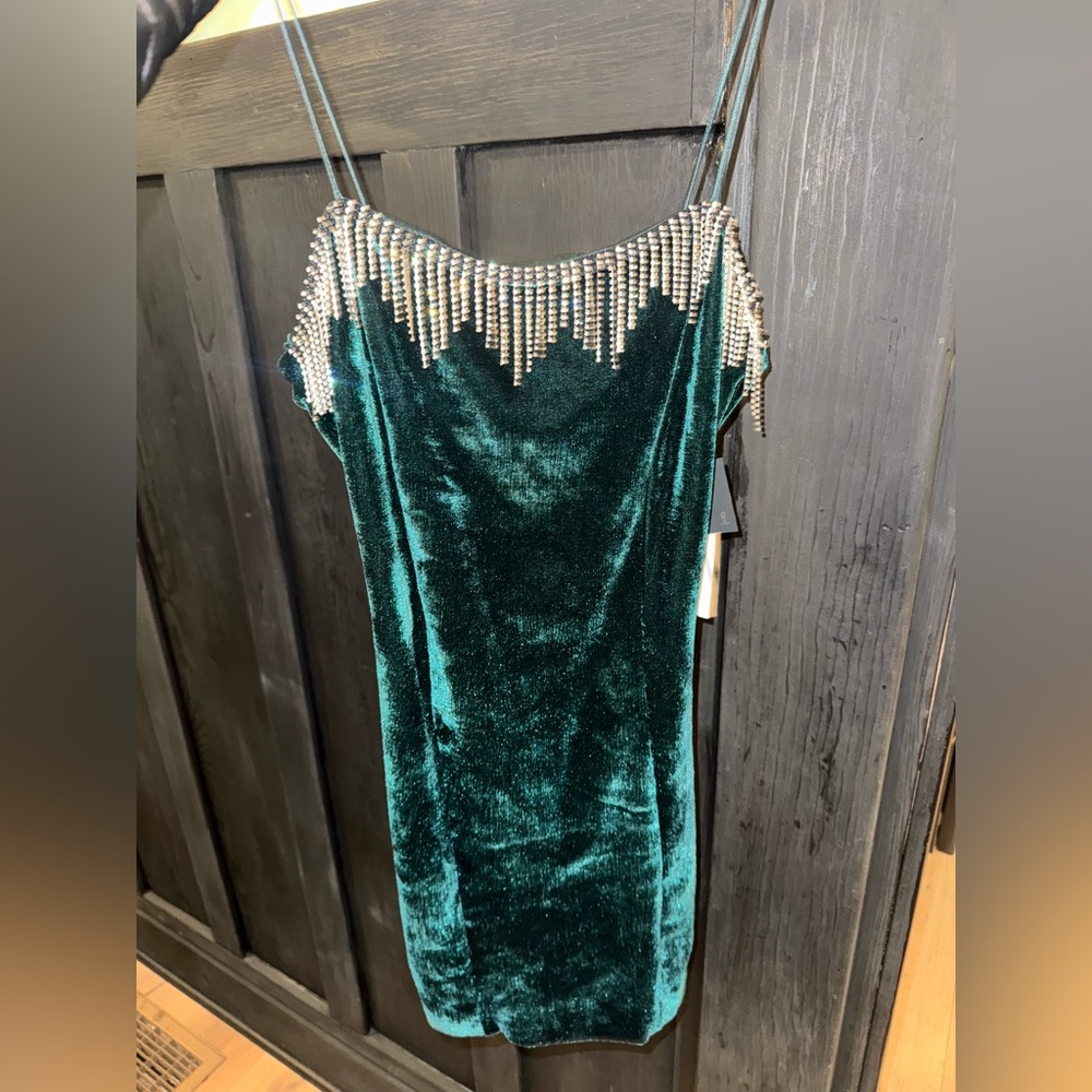 Zara- Velvet Rhinestone Tassel Mini Dress- M - Picture 2 of 5